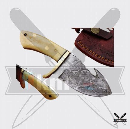 6.0 Inch Damascus Blade Camel Bone Handle Gut Hook Knife