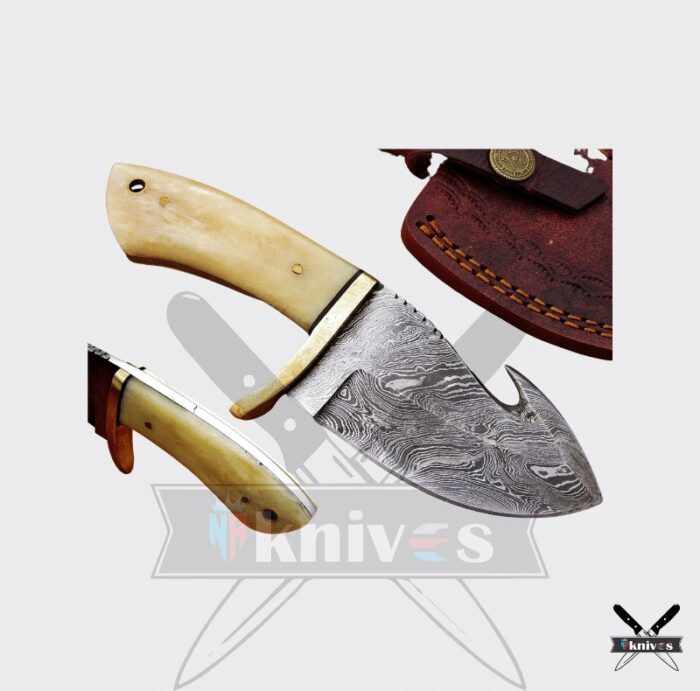 6.0 Inch Damascus Blade Camel Bone Handle Gut Hook Knife