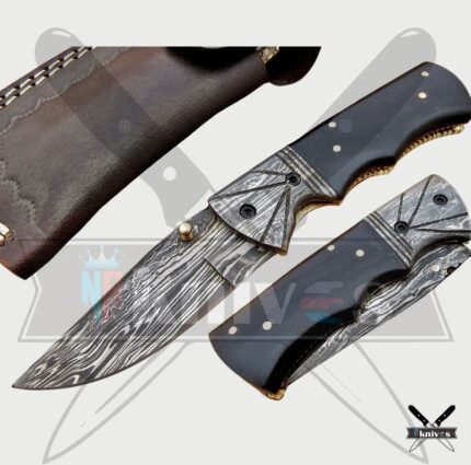 Damascus Blade Folding Knife With Buffalo Horn Handle