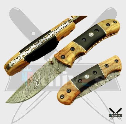 Damascus Blade Folding Knife With Olive Wood Handle