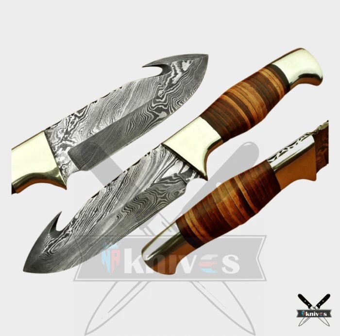 Damascus Blade Gut Hook Colorful Wood Handle