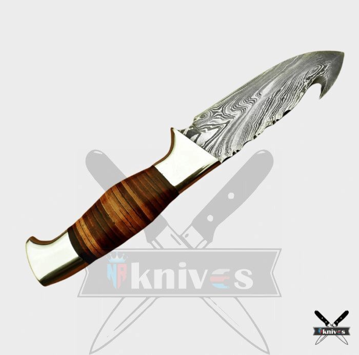 Damascus Blade Gut Hook Knife Colorful Wood Handle