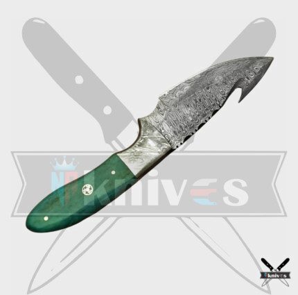 Damascus Blade Gut Hook Knife With Green Sheet Handle 8 Inch