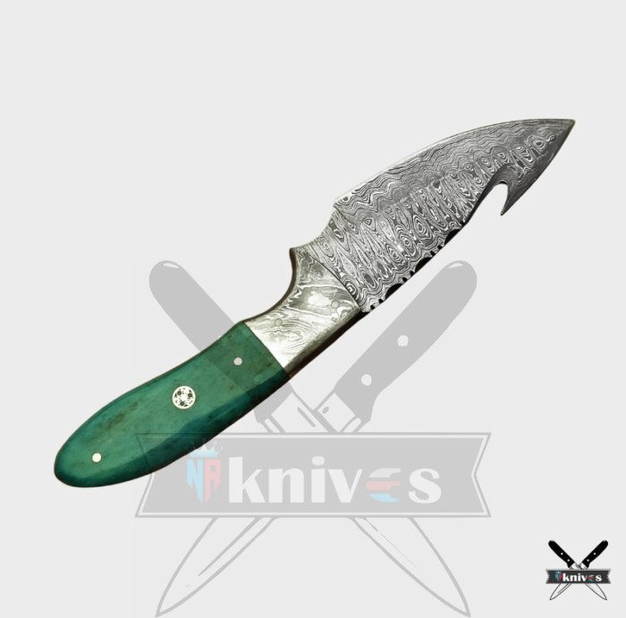 Damascus Blade Gut Hook Knife With Green Sheet Handle 8 Inch