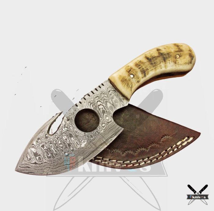 Damascus Blade Gut Hook Knives Ram Horn Handle 7 Inch