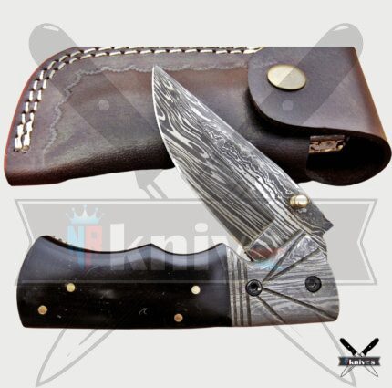 Damascus Blade Pocket Knife With Buffalo Horn Handle