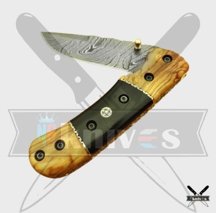 Damascus Blade Pocket Knife With Olive Wood Handle