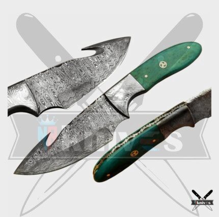Damascus Gut Hook Knife With Green Sheet Handle 8 Inch