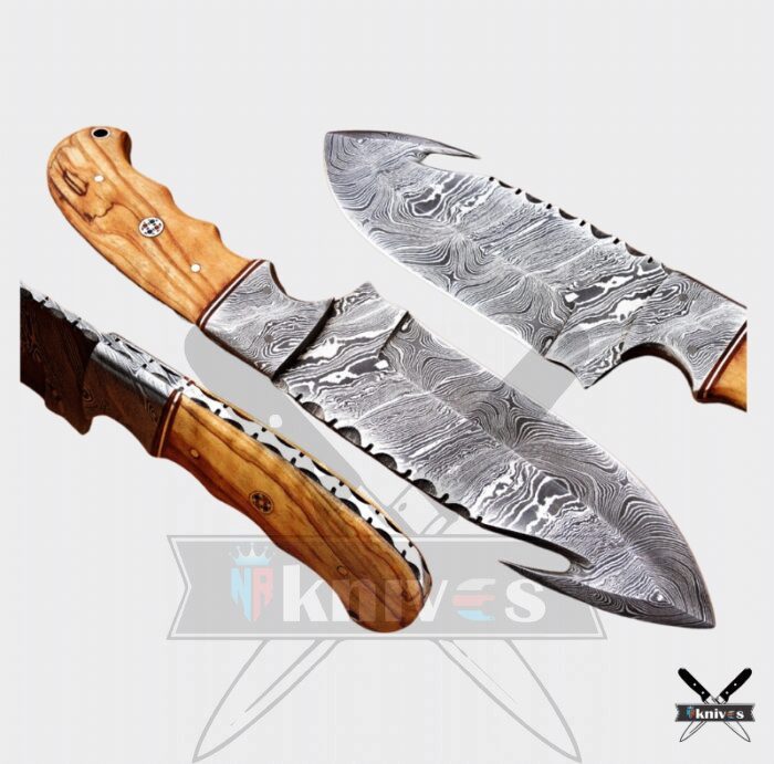 Damascus Gut Hook Knife With Olive Wood Handle 7 Inch