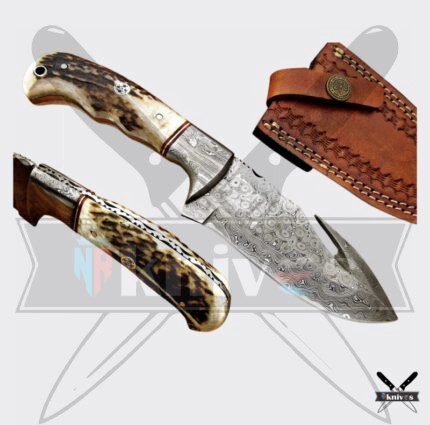 Damascus Gut Hook Knife With Stag Antler Handle 8 Inch
