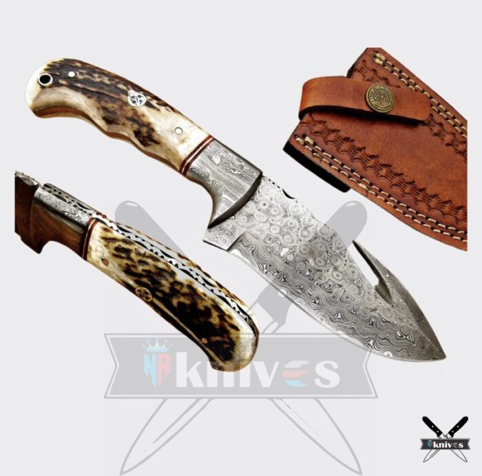 Damascus Gut Hook Knife With Stag Antler Handle 8 Inch