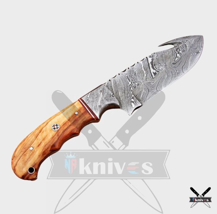 Damascus Gut Hook Knives With Olive Wood Handle 7 Inch