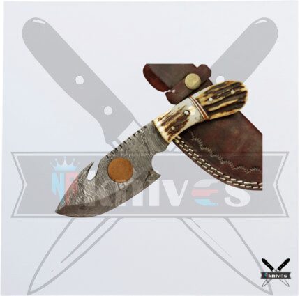 Damascus Steel Blade Antler Handle Gut Hook Knife 7 Inch