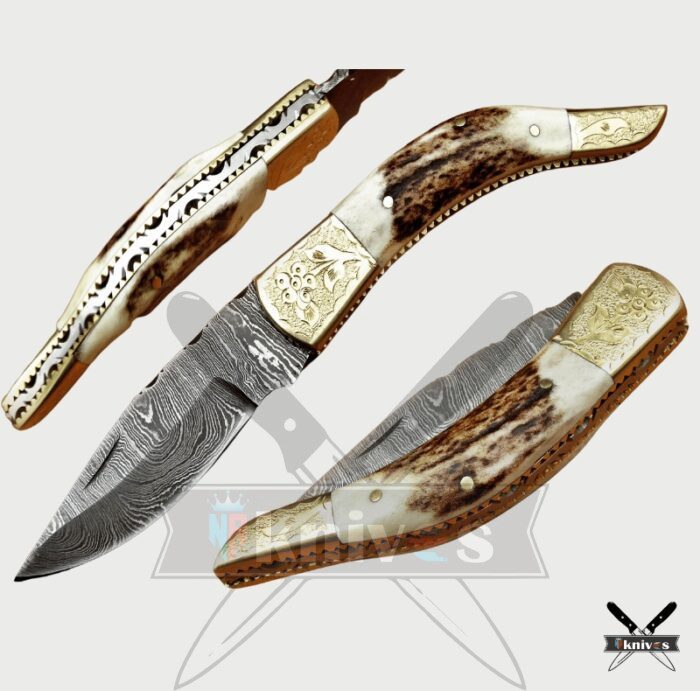 Damascus Blade Folding Knife With Antler Handle