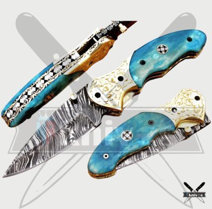 Damascus Blade Folding Knife With Blue Bone Handle