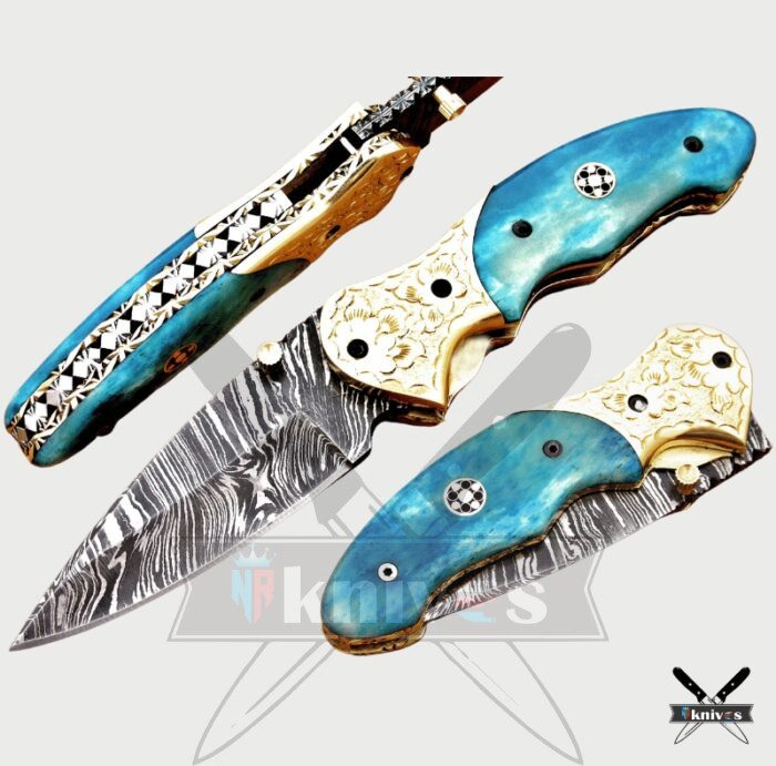 Damascus Blade Folding Knife With Blue Bone Handle