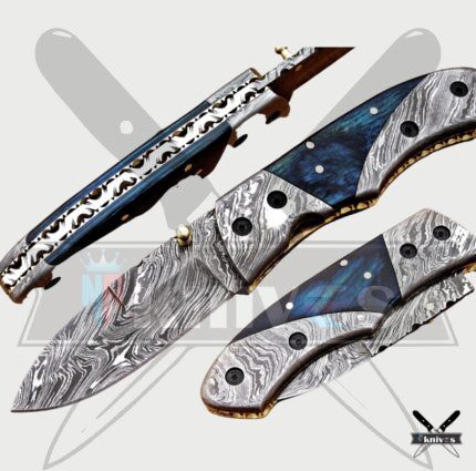 Damascus Blade Folding Knife With Blue Resin Handle