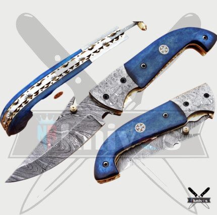 Damascus Blade Folding Knife With Blue Wood Handle