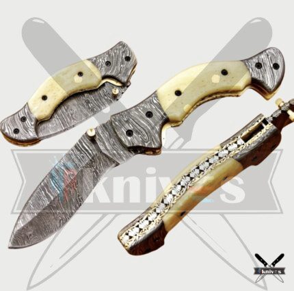 Damascus Blade Folding Knife With Camel Bone Handle