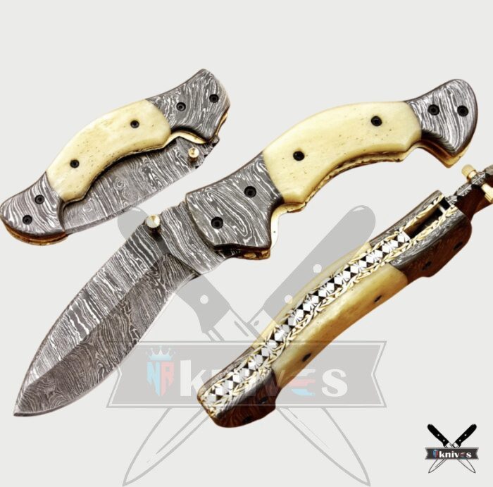 Damascus Blade Folding Knife With Camel Bone Handle