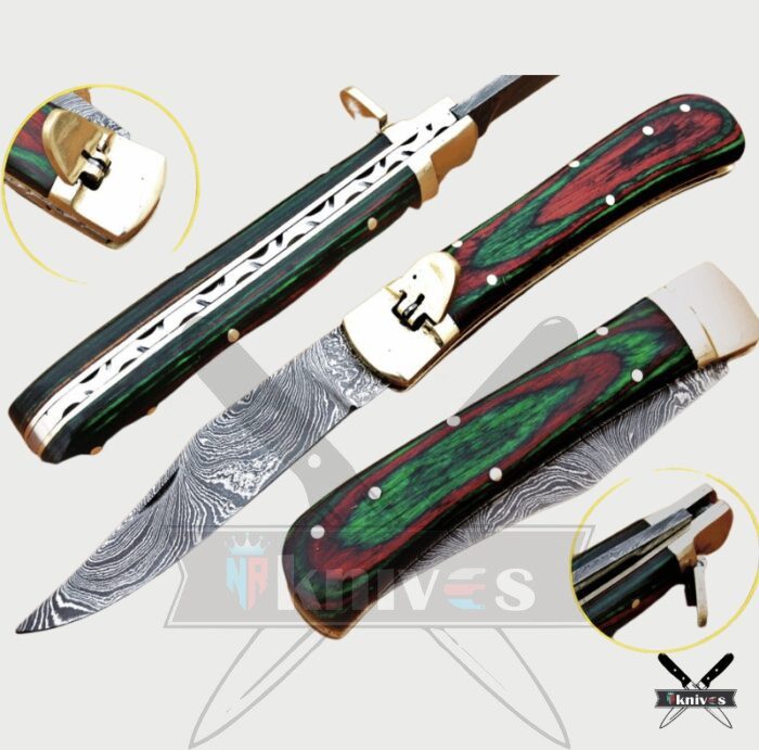 Damascus Blade Folding Knife With Green & Mehroon Wood Handle