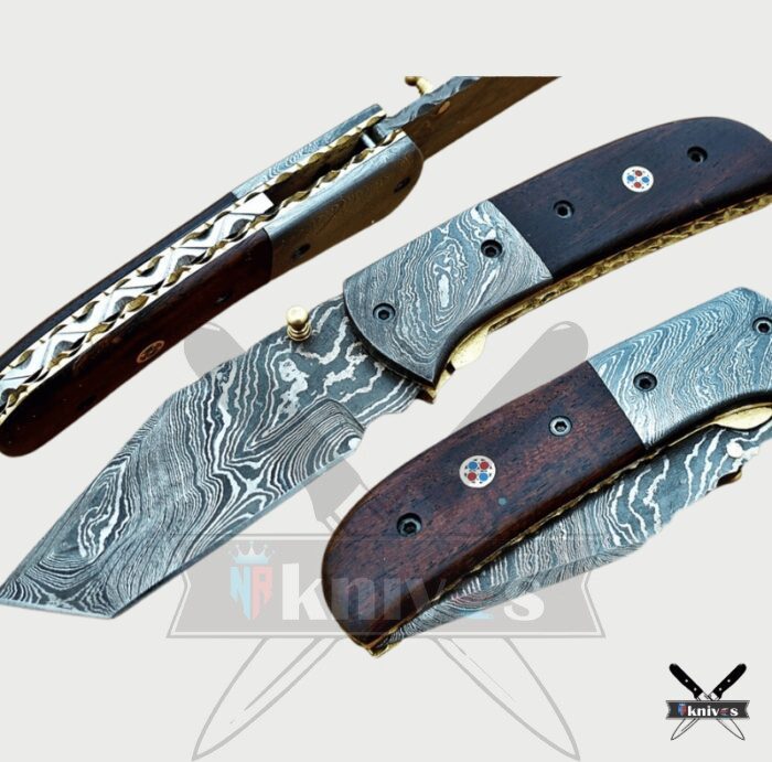 Damascus Blade Folding Knife With Pakka Wood Handle