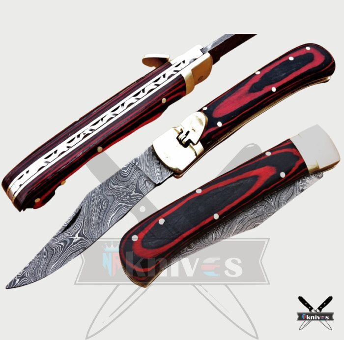 Damascus Blade Folding Knife With Red & Black Wood Handle