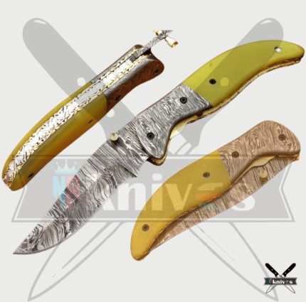 Damascus Blade Folding Knife With Yellow Bone Handle