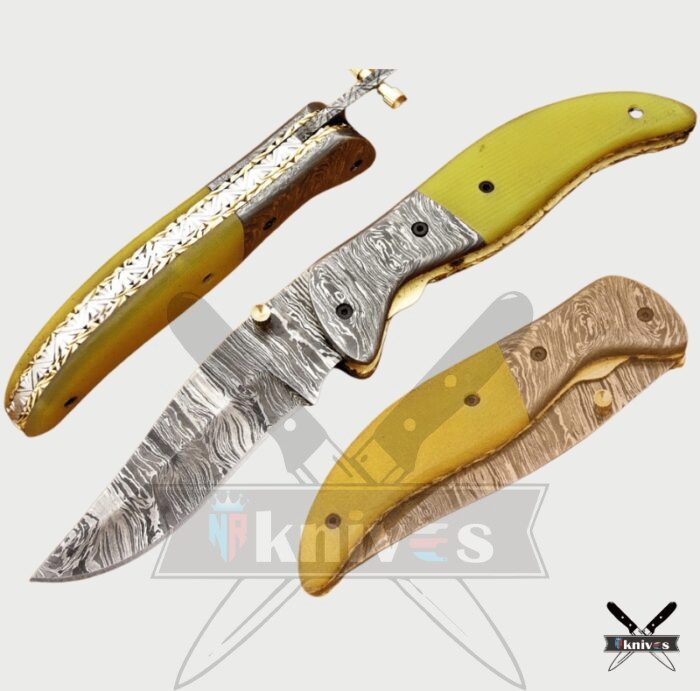 Damascus Blade Folding Knife With Yellow Bone Handle
