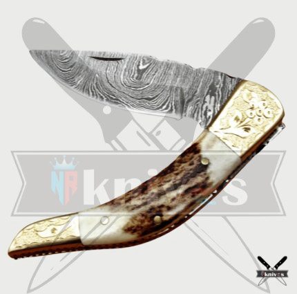 Damascus Blade Pocket Knife With Antler Handle