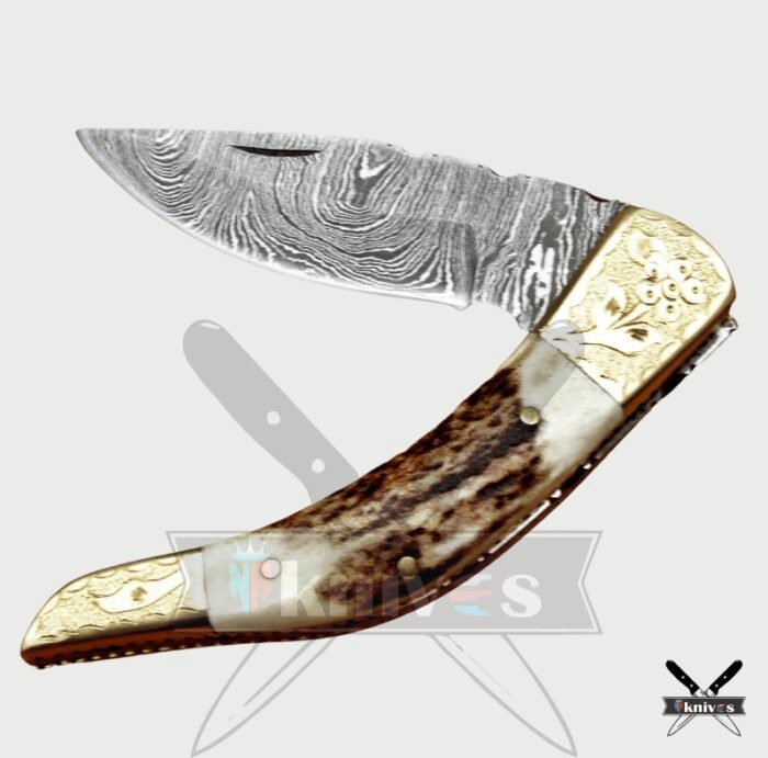 Damascus Blade Pocket Knife With Antler Handle