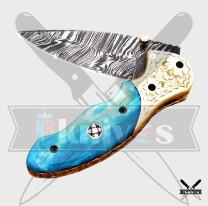 Damascus Blade Pocket Knife With Blue Bone Handle