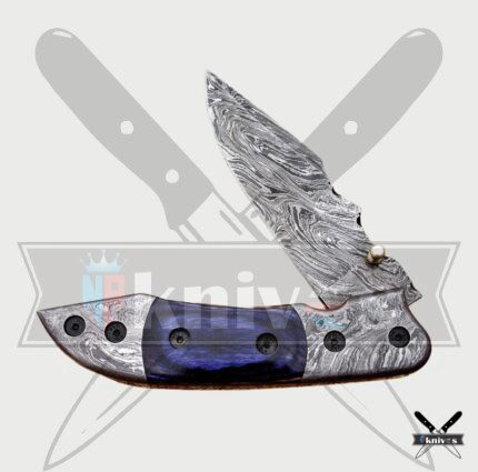 Damascus Blade Pocket Knife With Blue Micarta Handle