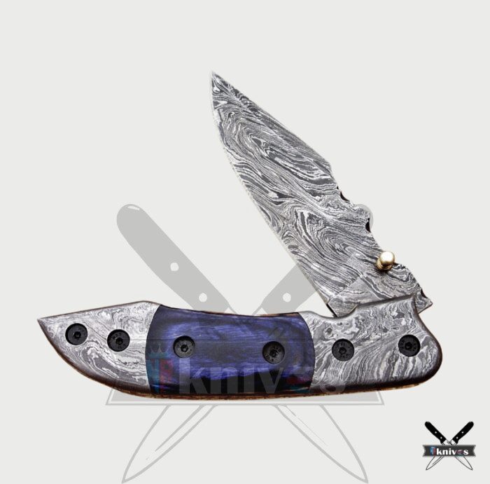 Damascus Blade Pocket Knife With Blue Micarta Handle