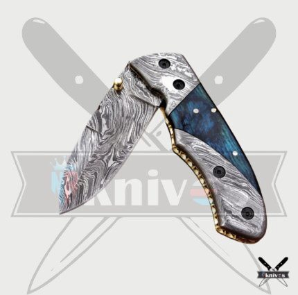 Damascus Blade Pocket Knife With Blue Resin Handle