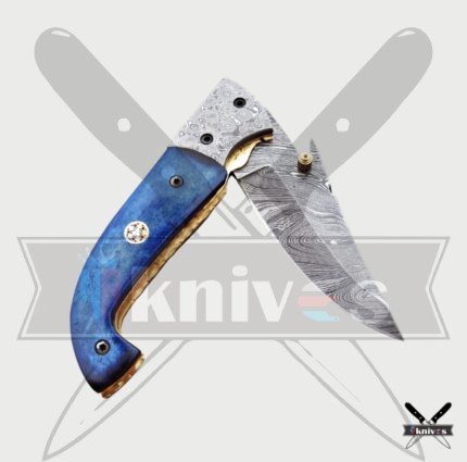 Damascus Blade Pocket Knife With Blue Wood Handle