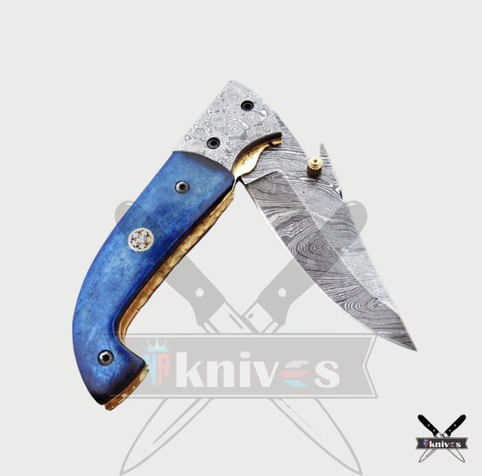 Damascus Blade Pocket Knife With Blue Wood Handle