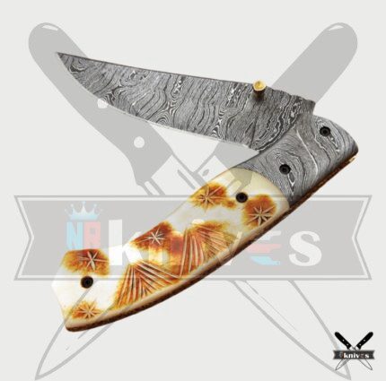 Damascus Blade Pocket Knife With Bone Handle