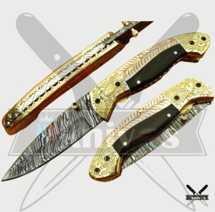 Damascus Blade Pocket Knife With Buffalo Horn Handle