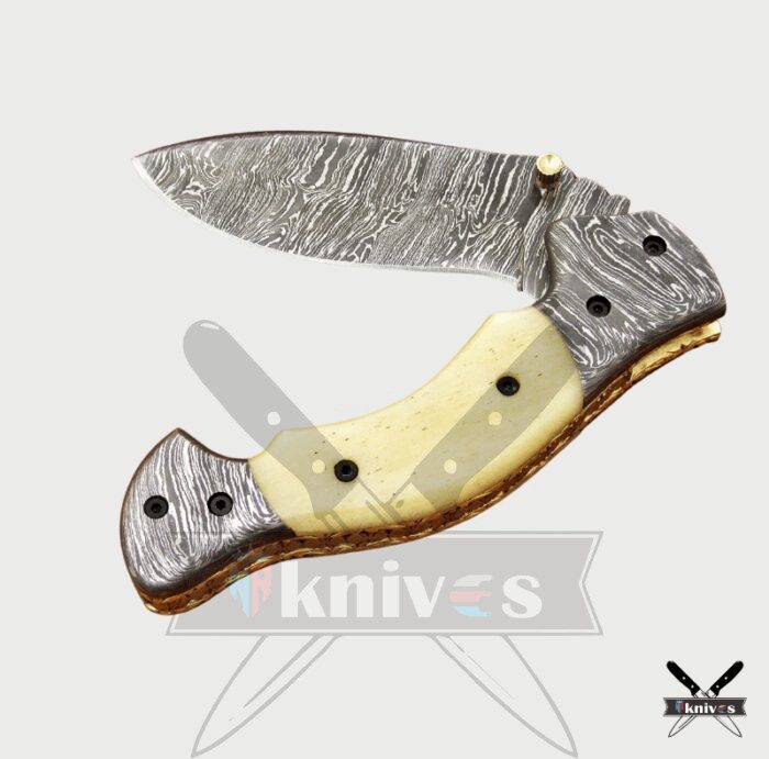 Damascus Blade Pocket Knife With Camel Bone Handle