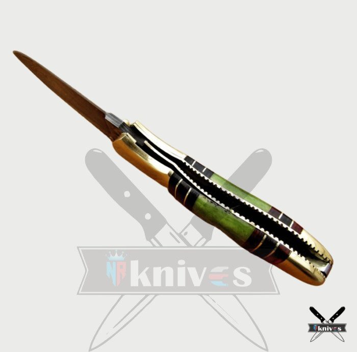 Damascus Blade Pocket Knife With Green Bone Handle