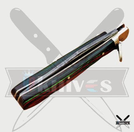 Damascus Blade Pocket Knife With Green & Mehroon Wood Handle