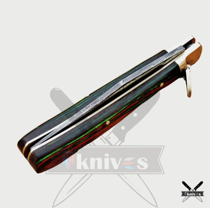 Damascus Blade Pocket Knife With Green & Mehroon Wood Handle