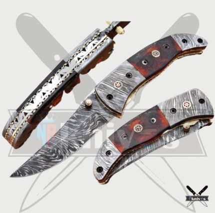 Damascus Blade Pocket Knife With Mehroon Resin Handle