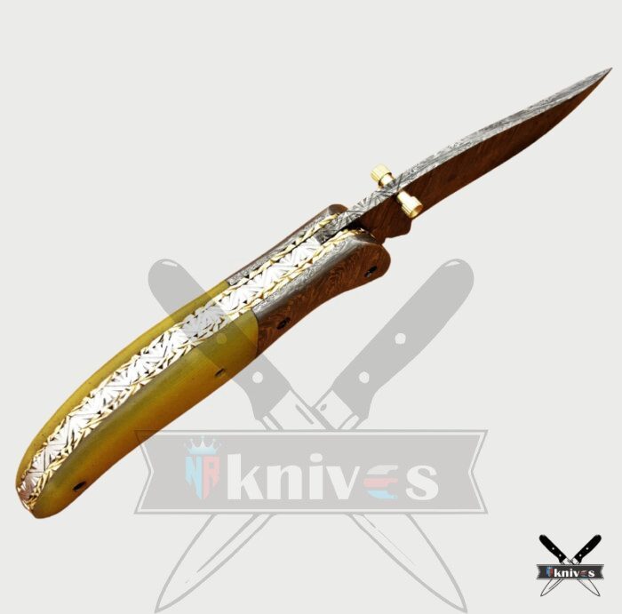 Damascus Blade Pocket Knife With Yellow Bone Handle