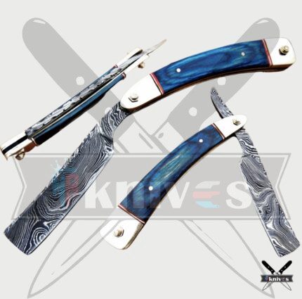 Damascus Blade Razor Knife With Blue Sheet Handle