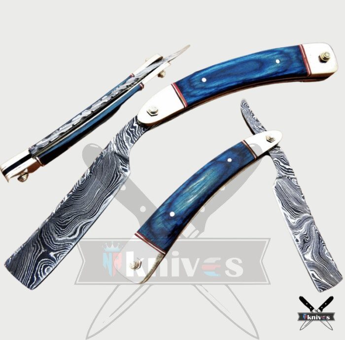 Damascus Blade Razor Knife With Blue Sheet Handle