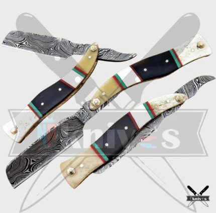 Damascus Blade Razor Knife With Buffalo Horn Handle