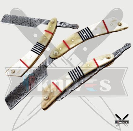 Damascus Blade Razor Knife With Camel Bone Handle