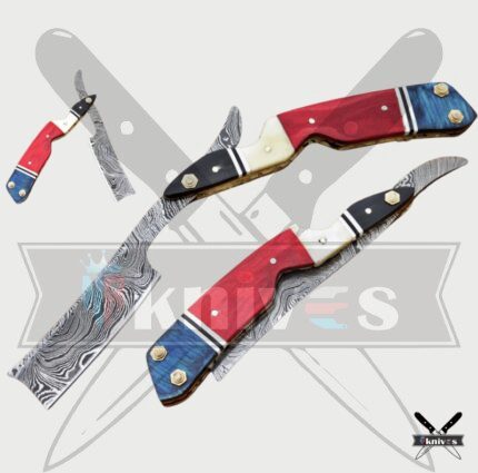 Damascus Blade Razor Knife With Red Bone Handle